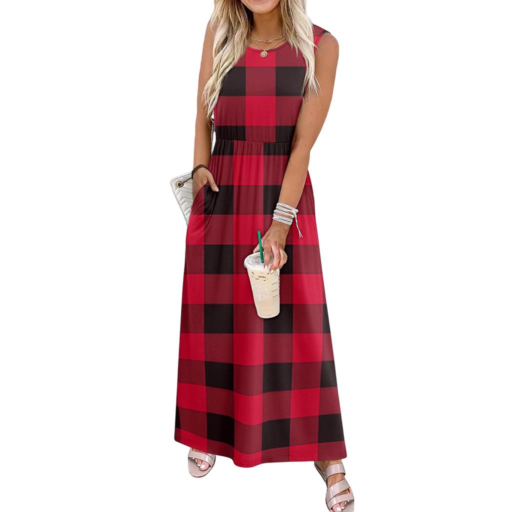 Ladies' Plaid Printed Casual and Fashionable Waist Cinched Sleeveless Dress