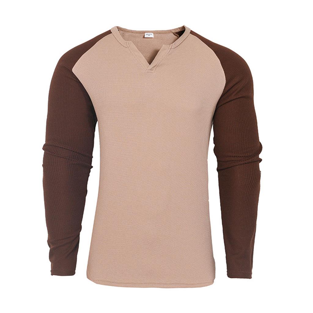 Męska koszulka z dekoltem w serek, w paski kolorystyczne, z długim rękawem, codzienna, sportowa, dopasowana