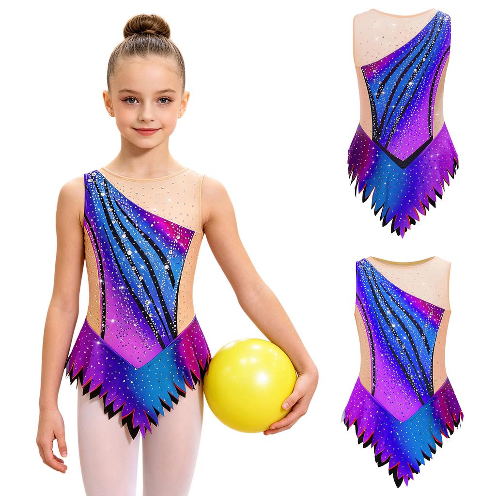 Maillot de ballet pour enfant à manches courtes, bloc de couleurs, strass, body en maille avec fermeture à pression à l'entrejambe pour gymnastique rythmique, spectacle sur scène