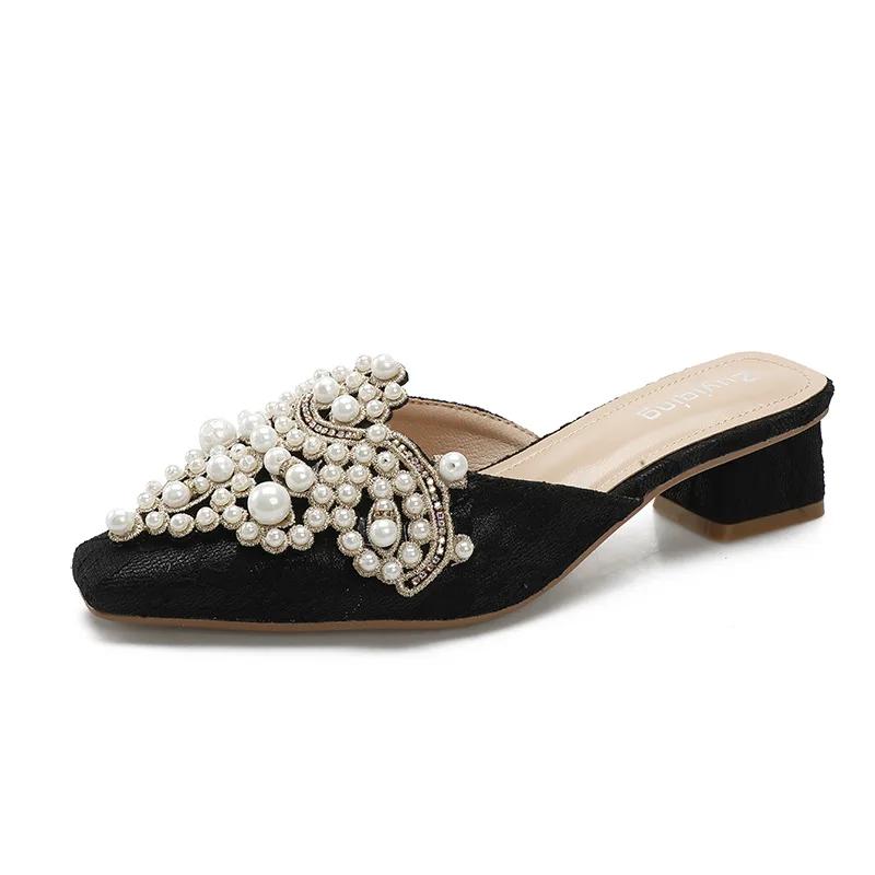 Women's Slippers Mules Summer New Pointed Toe middle Heels Pearl Women Shoes Outdoor Ladies Slippers Dress Women slides Shoe