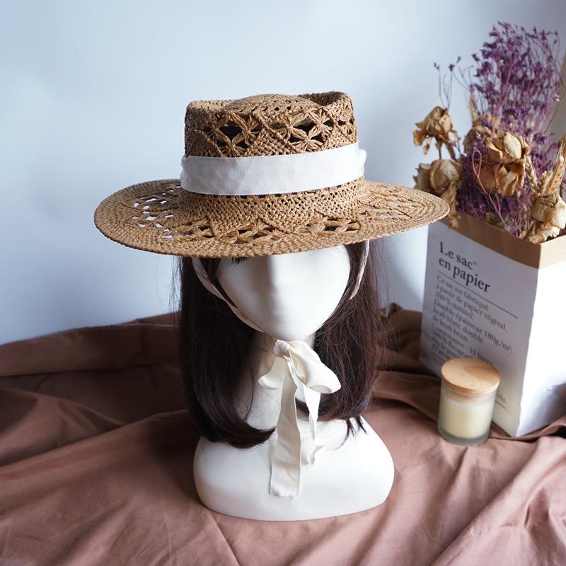 French Retro Hollowed-Out Flower Color Woven Flat-Top Straw Hat Trendy Girl Summer Vacation Top Hat Japanese Sun Top Hat