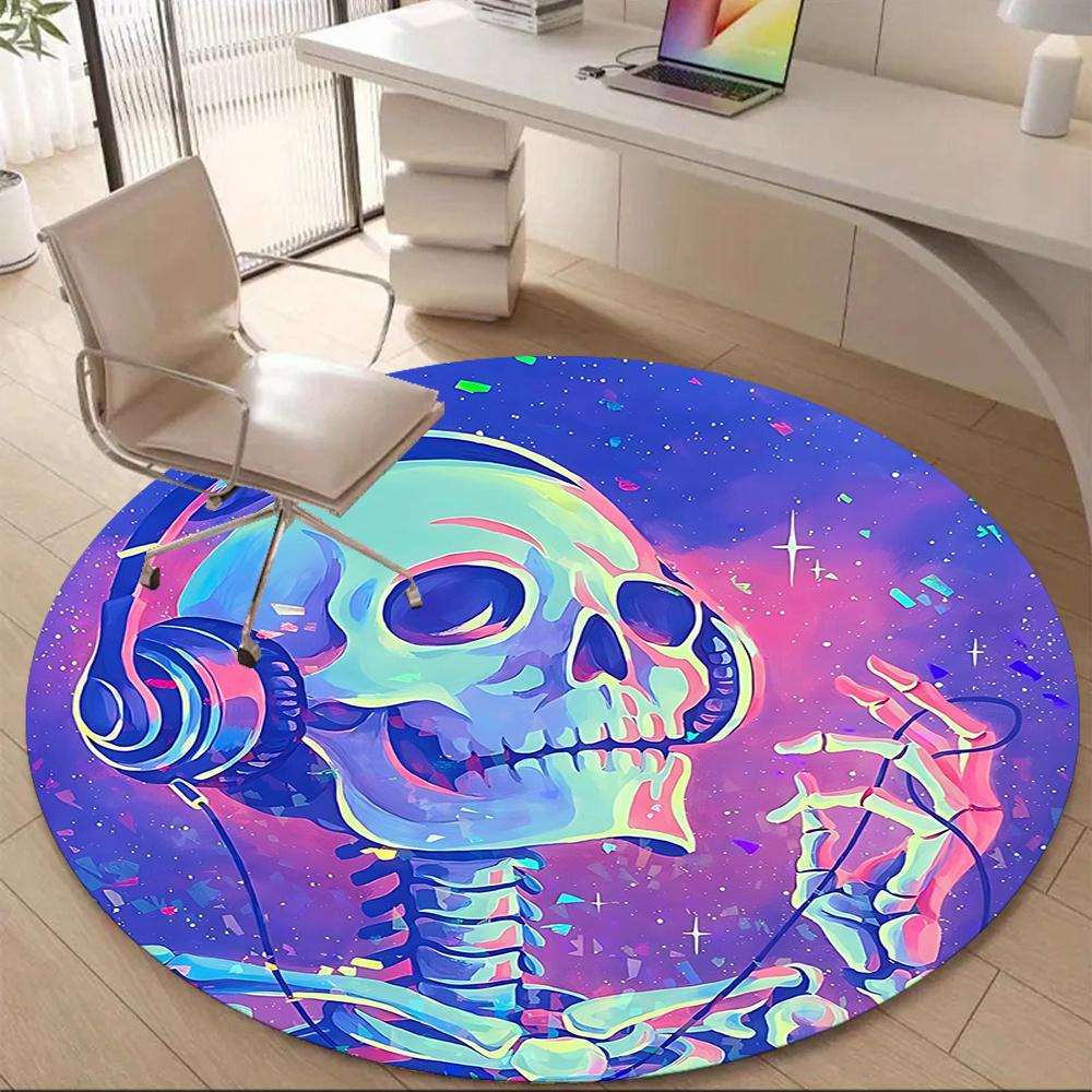 

1PC SkullHeadphones CosmicSkeleto Office Round Area Rug, Indoor Mat Suitable ForOffice, Under Office Chairs Bedroom Living Room Home Decor, Room Deco 80cm by 80cm