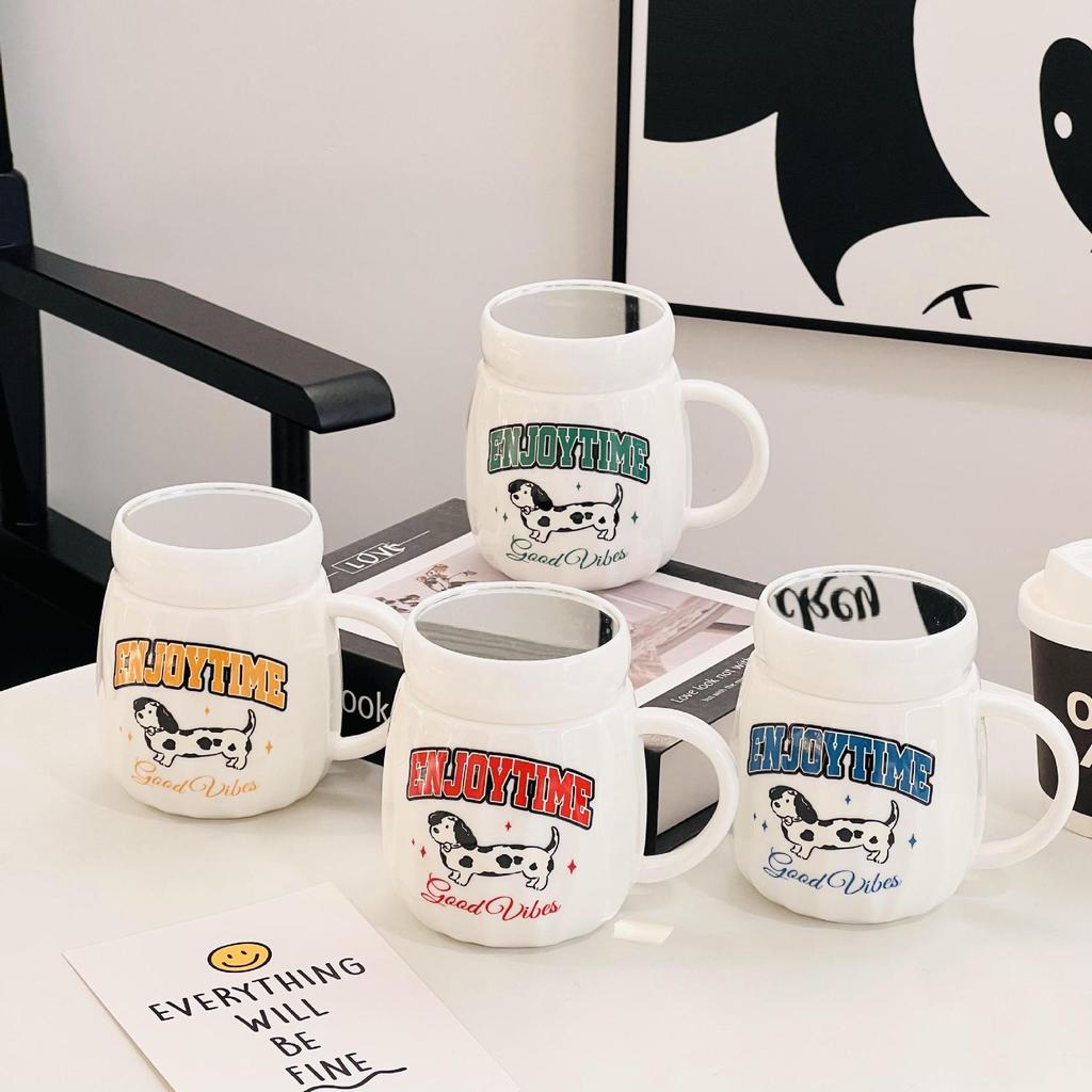 Cute High Value Ceramic Cup Household Mirror Mug with Lid Gift Souvenir Student Water Cup Set