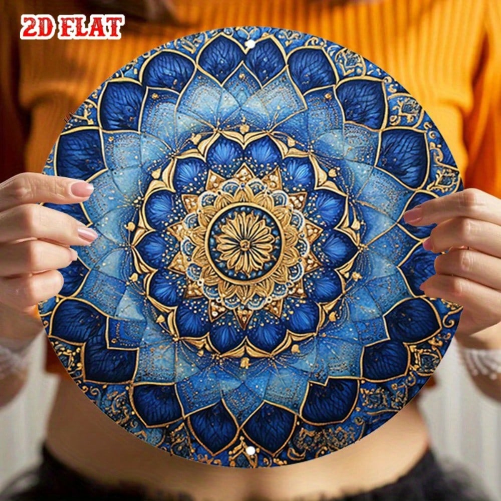 Marke Mandala Metall Wandkunst Rund Blau Gold Floral Blechschild Heimdeko