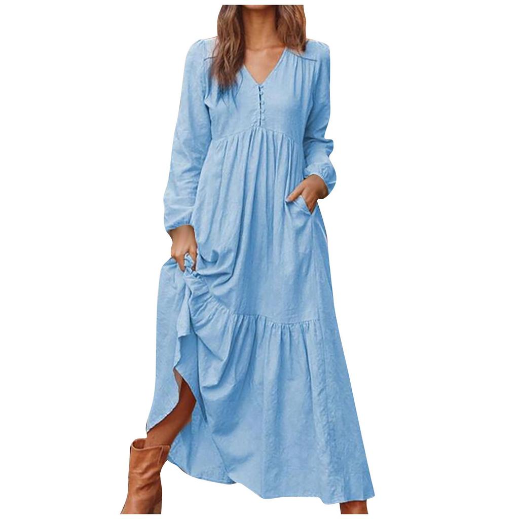 Women's Button Down Cotton Linen Vintage Casual Long Sleeve Dress