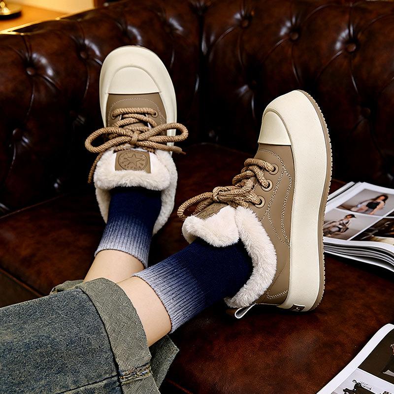 Niche Thick-soled Leather-faced Cotton Shoes for Women's 2025 Winter New Ins Trendy Velvet Warm and Versatile Casual Fluffy Board Shoes