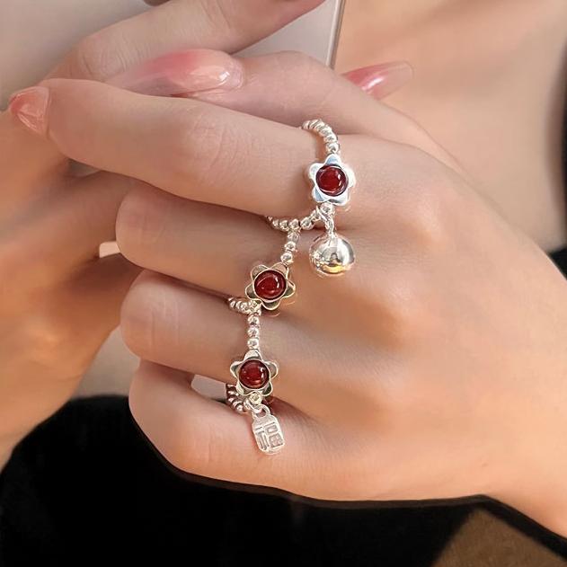 PONYKISS Sterling Silver Agate Flower Bell Bead Elastic Rope Rings for Women Cute Fine Minimalist Accessories