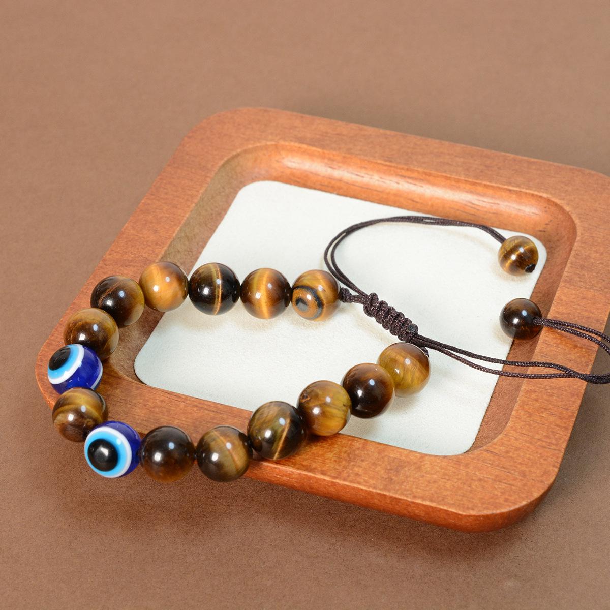 Natural Tiger Eye Stone Bracelet with Evil Eye, 10mm Stretchable Bead Wristband