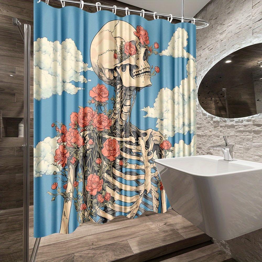 Artistic Floral Skeleton Shower Curtain - Unique Skeleton & Roses with Clouds,Washable Polyester,Ideal for Bathroom & Yard Decor