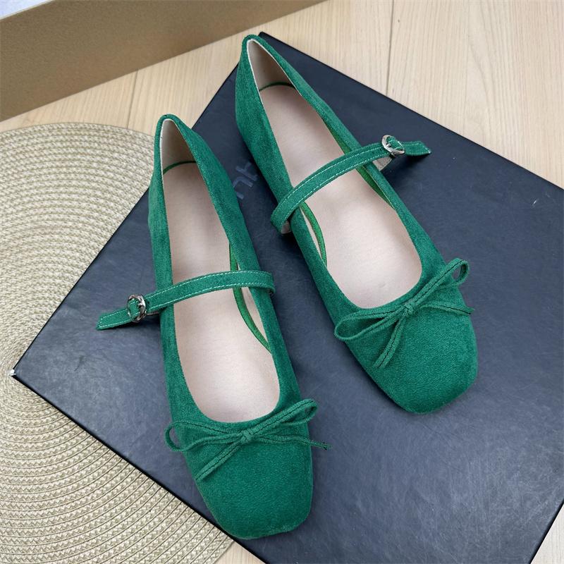 Fashion Flat Shoes for Women Suede Square Toe 2025 Spring and Autumn New Bow Flat Bottom Mary Jane Shoes Plus Size Women's Shoes 43 44