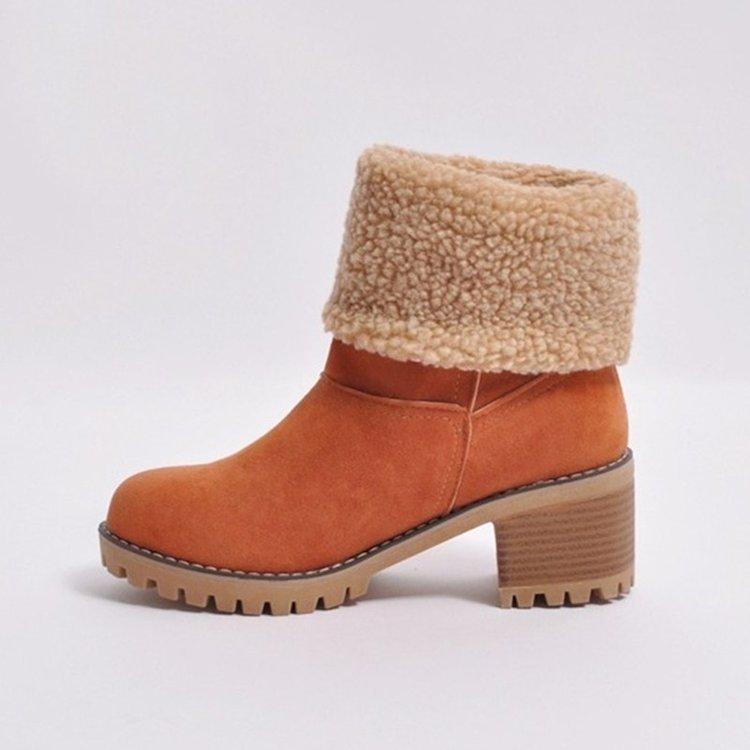 Summer women's boots winter tube women's solid color green thick heel round head snow boots flanged stiletto