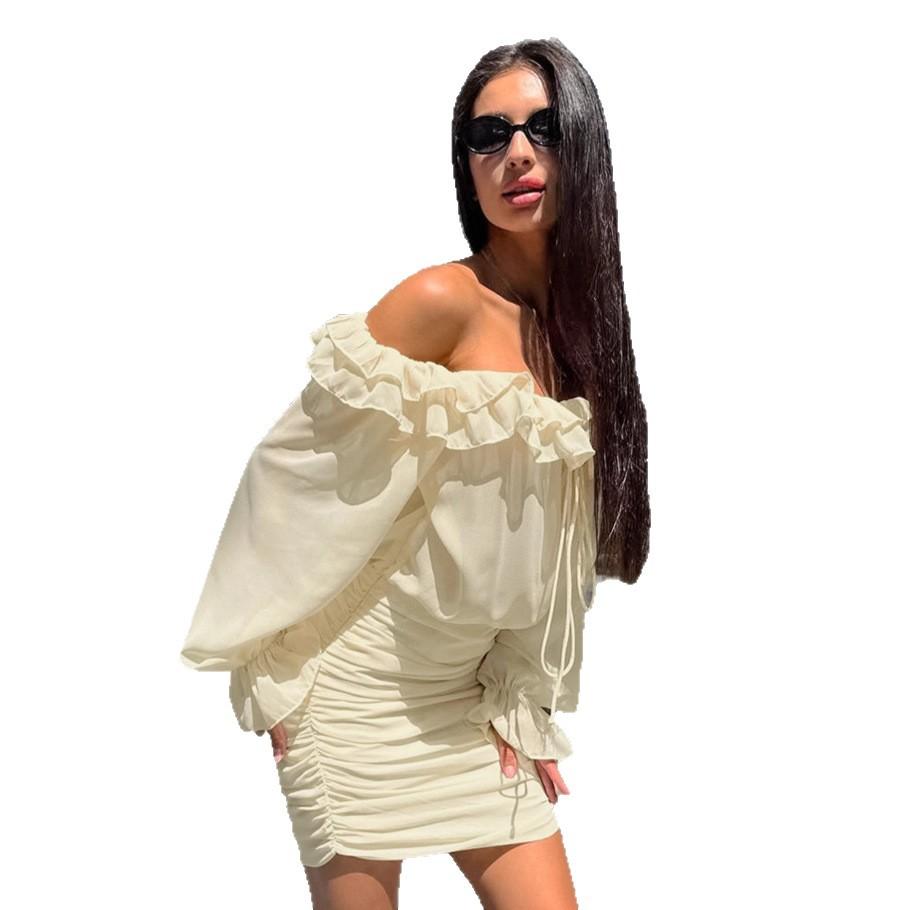 French Temperament Apricot Ruffle Edge Dress Women's Autumn Fashion Elegant Chiffon Hip Skirt Short Skirt Women's Clothing