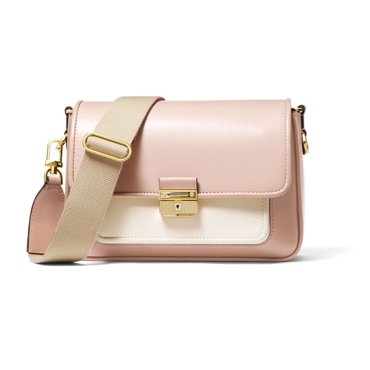 Michael Kors MK Bradshaw Fashion Flap Color Block Leather Shoulder Crossbody Bag Medium Women bags Soft-Pink White 30T1G2BM2L-690
