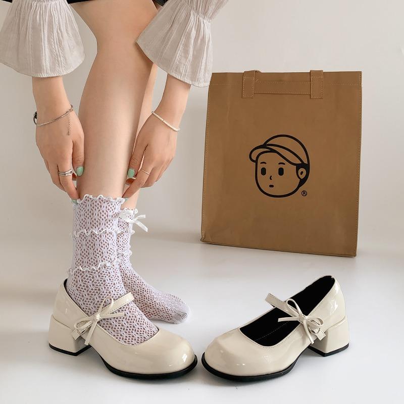 Fashion New Women Mary Jane Shoes Ladies Outdoor Butterfly-knot Pumps Spring Autumn Women's Dress Leather Solid Color Thick Heeled Shoes