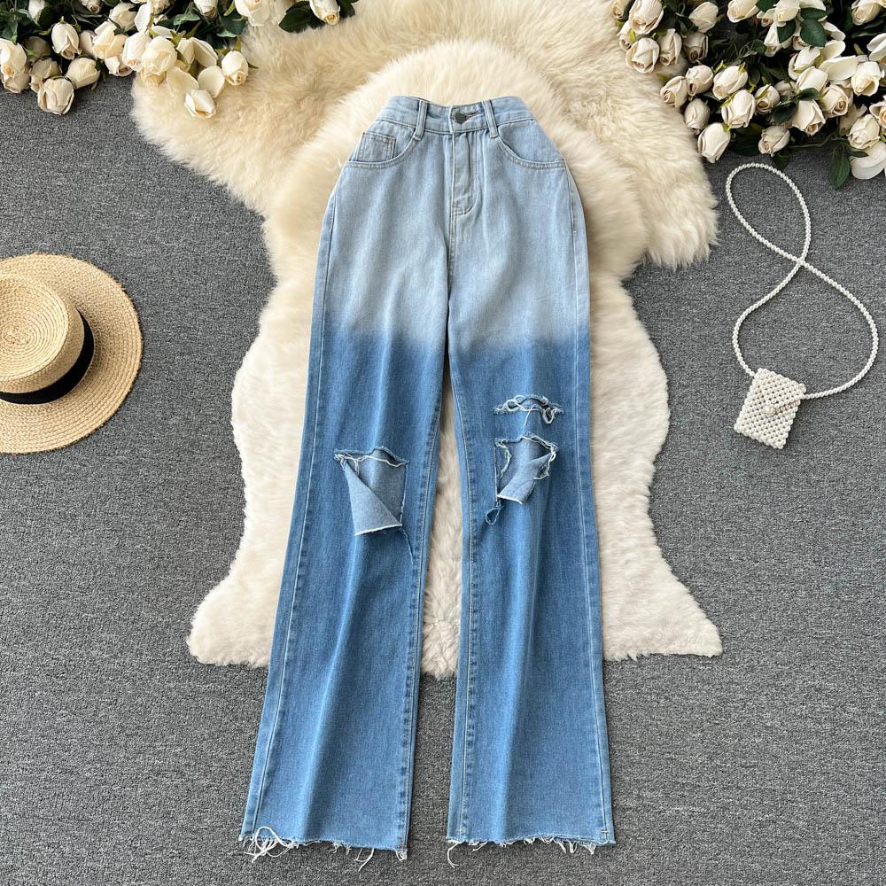 

RUGOD Niche Design Sense Gradient Ripped Jeans Женские летние тонкие прямые брюки Trend Trend