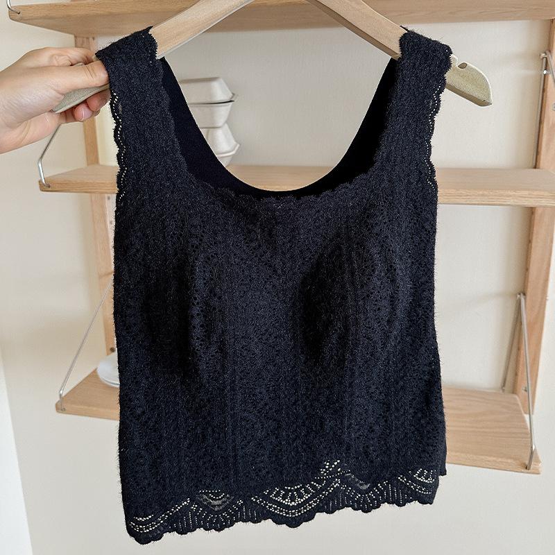 

French lace autumn and winter sling vest with no bra inside, one-piece warm and thin bottoming top l size (recommended 57.5-67.5kg )