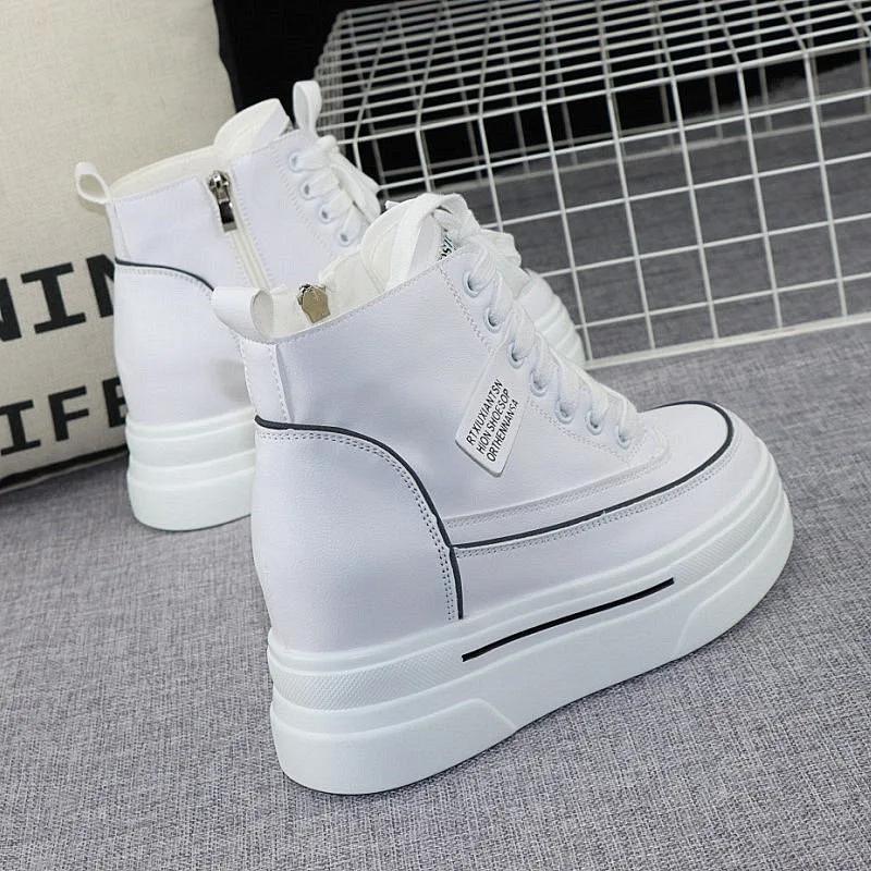 Leather Thick-soled High-top Women's Shoes 2025 Autumn Winter New Fashionable Zipper Height Increased 8cm Casual Sneakers Shoes
