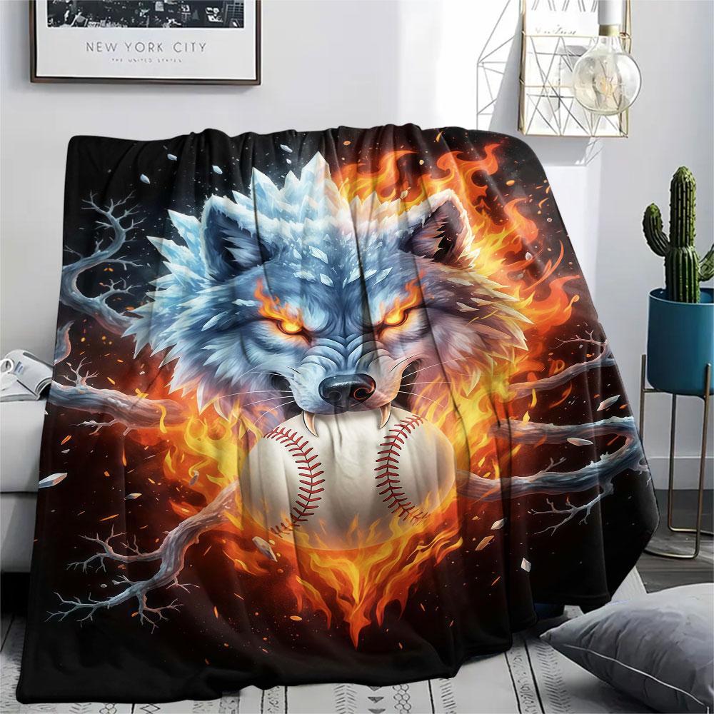 1Pc IceFireWolf Print Flannel Blanket, High Quality Comfortable for All Seasons, Home Decor, Warmth and Comfort, Perfect for Christmas Gifts