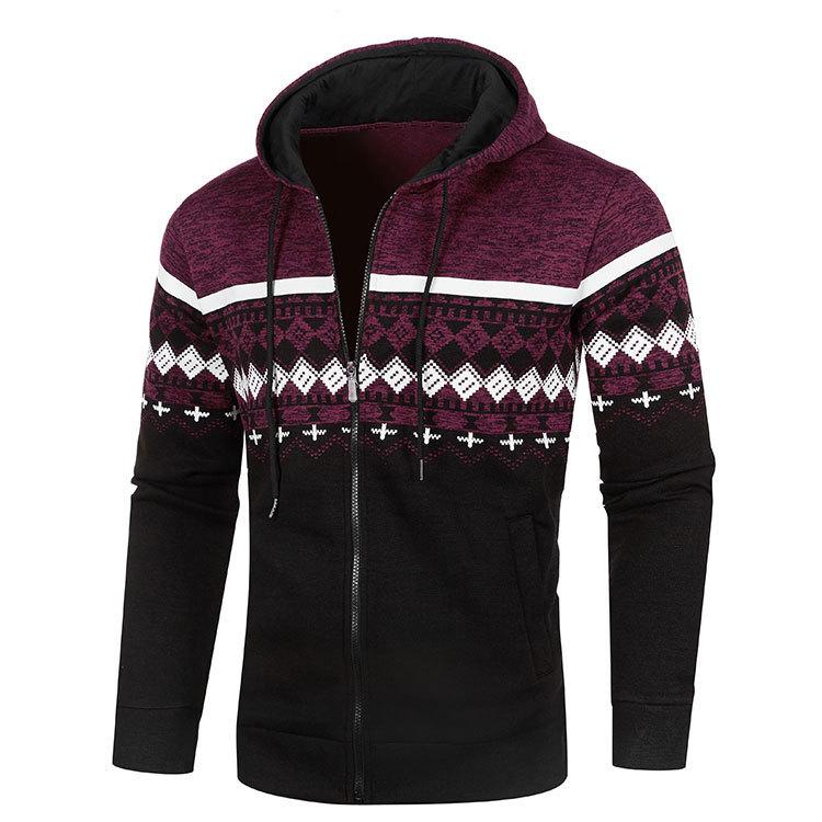 Men's Ethnic Style Hooded Knit Cardigan: Casual, Loose, Slim-Fit, Thin Fleece Sweater with Printed Design