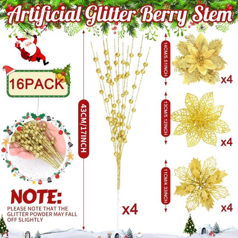 

16 шт. Золотая ягодная ветка Цветок Украшение для рождественской елки Искусственные блестящие стебли Букет Рождественская елка Подвеска Навидад Новый год Домашний декор золотой
