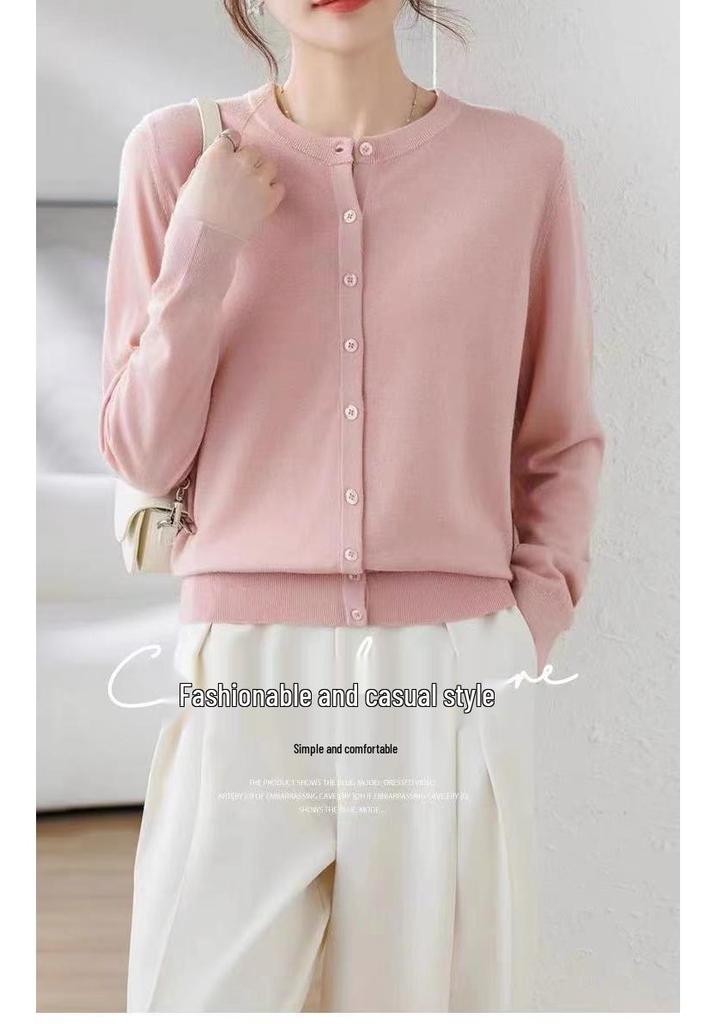 Women's 100% Wool Loose Knit Cardigan - Solid Color, Round Neck, Long Sleeve, Machine Washable Versatile Top