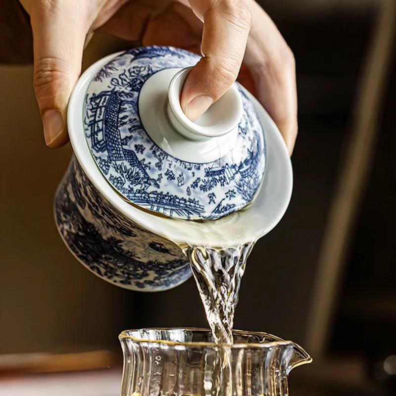 140ml Chiński Niebiesko-Biały Porcelanowy Gaiwan Filiżanka do herbaty Ręcznie malowana Ceramiczna Miseczka na herbatę Domowa Miseczka na herbatę Przenośne Naczynia do herbaty