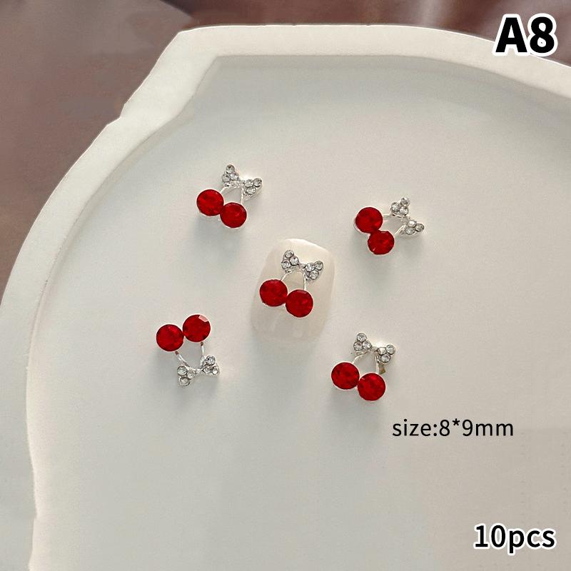 10 Pcs Cherry Nail Rhinestone 3D Cherry Charm Red Fruit Diamond Crystal Jewelry Y2K Alloy Nail Gems For Women Manicure