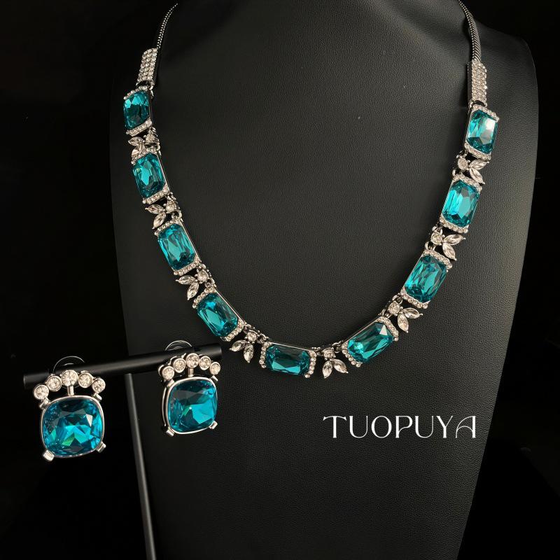 Blue Rhinestone Inlaid Retro Court Necklace, Bracelet & Earring Set for Spring/Summer