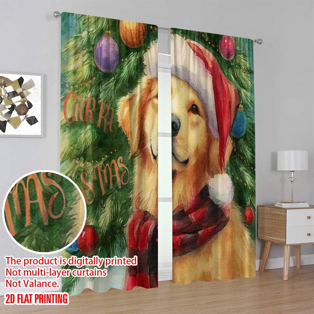 2pcs,2D Plane Printing Popular Curtains Christmas Dog Polyester (without Rod) Outdoor Decorations Ldeal for Bedroom Living Room