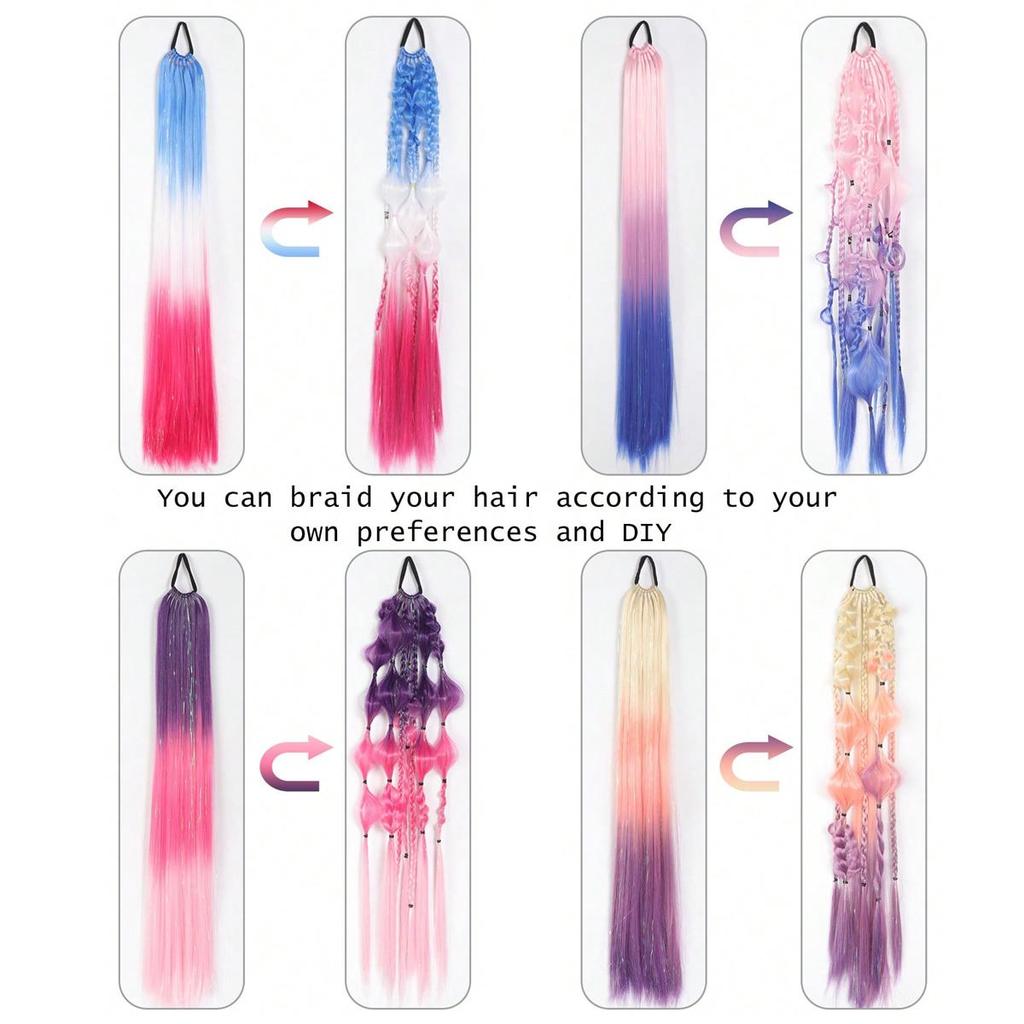 Fialová Červená Růžová Copánková Třpytivá Prodlužovací Gumička do Vlasů Syntetické Pletené Vlasy Pro Děti Dívky Den Šílených Vlasů Odvážné Vlasy