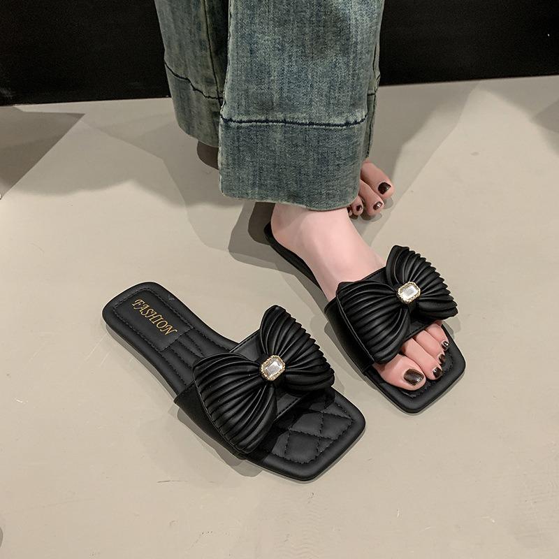 Large Size Flat-bottomed Slippers Women's Summer New Bow Versatile Fashion Drag Outer Wear Women's Drag Tide