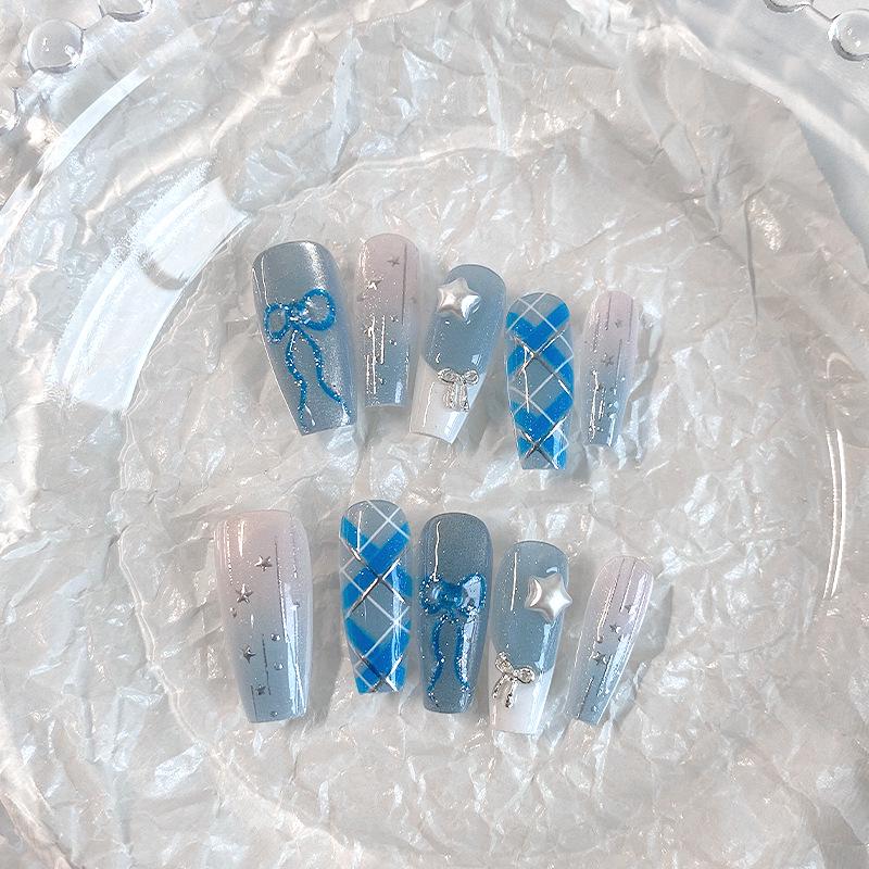 2026 Sparkly Blue French Cat Eye Handmade Wearable Nails with 3D Bow Art S