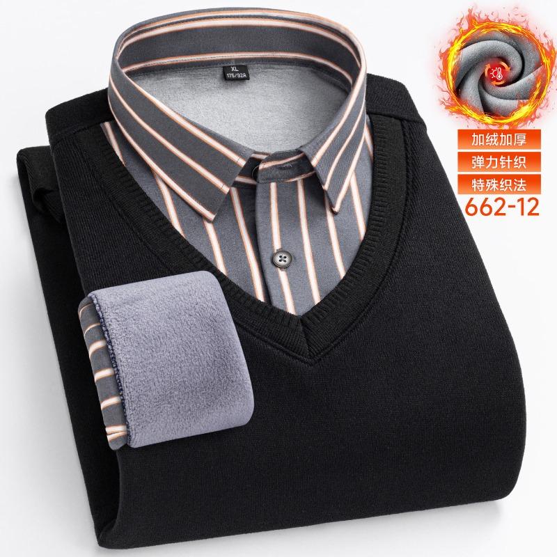 Fleece Fake Two-piece Men's Shirt Collar Middle-aged Elderly Casual Loose Bottoming Thickened Pullover Sweater