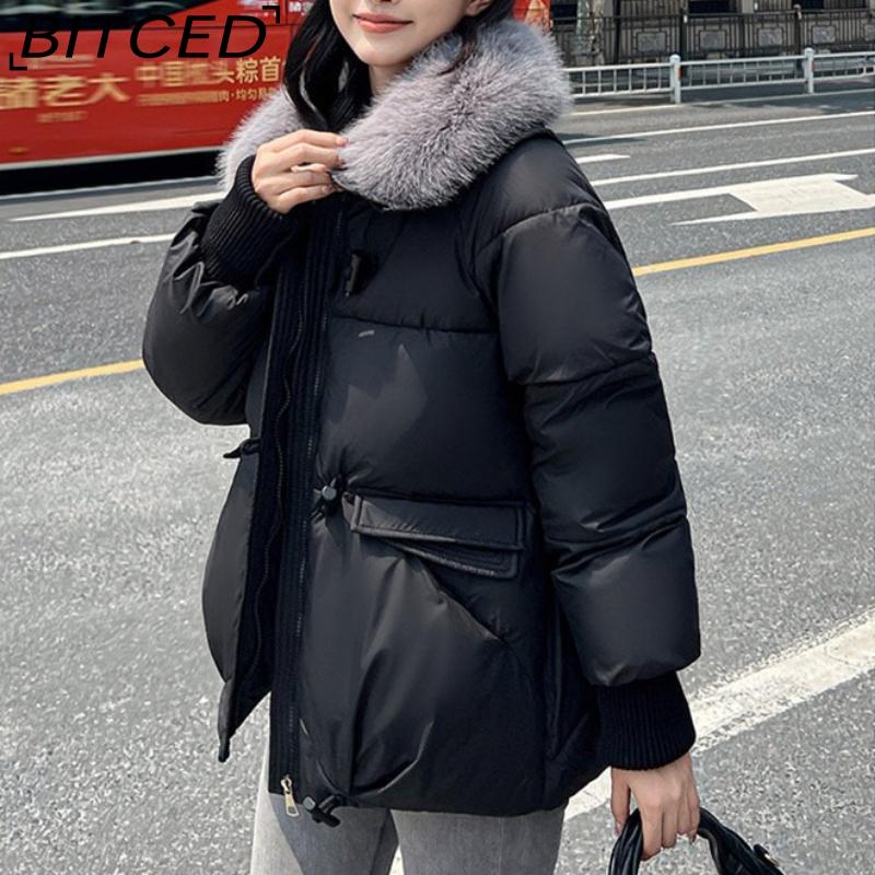 BITCED Women's Short Down-Filled Cotton Jacket with Oversized Fur Collar - Winter Fashion Coat