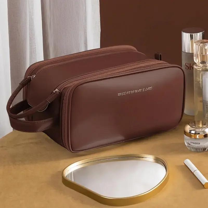 Portable Women's Makeup Bag PU Leather Luxury Cosmetics Storage Organizer Travel Essentials Double Zipper Toiletries Bag