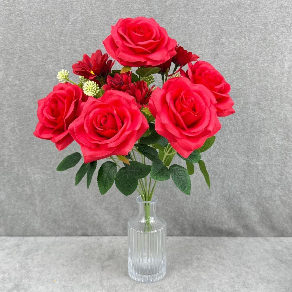 Multicolor Artifcial Rose Flower Curled Edge Petals Green Leaves Faux Flower Rose Accesssories Desktop Ornament