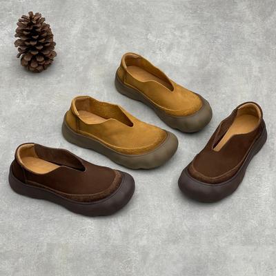 Vintage Handgefertigte Echte Leder Loafer Runde Spitze Dicke Sohle Rindsleder Damen Slip-on Schuhe