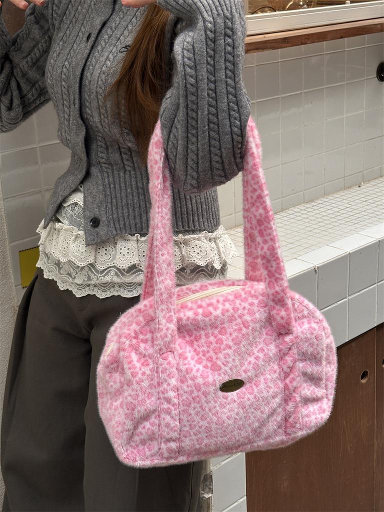 Gentle Light Color Leopard Print Plush Women's Shoulder Bags Lovely Large Capacity Ladies Handbag Casual Female Underarm Bags