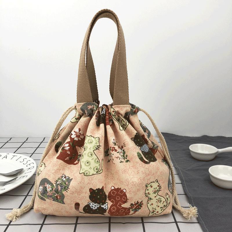 Japanese Cute Bento Bag Tote Handheld Canvas Lunch Bags Cartoon Anime Drawstring Bag Portable Foldable Holds Two Lunch Boxes