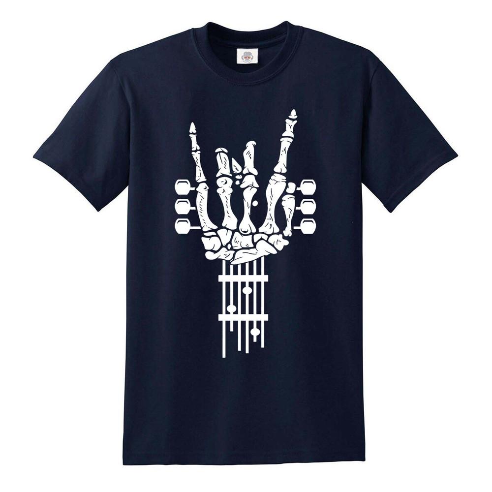 Rock On Guitar Tshirt Music Metal Guitars Goth Punk Skeleton Skull Top Tee