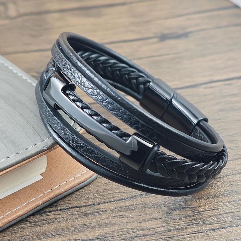 5-layer Stainless Steel I-shaped Men's Leather Bracelet Two Tone Handmade Weaving DIY Daily Wear Accessories Gift Dropshipping