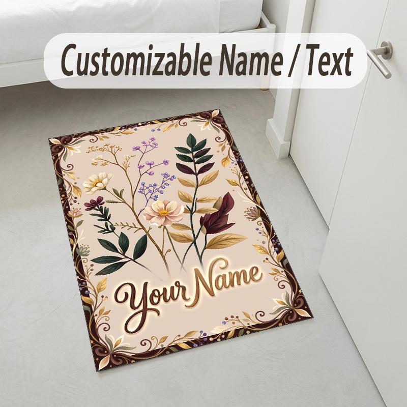 Floral Garden Theme Crystal Velvet Rug Personalized Custom Name Text Soft Floor Mat Home Decor