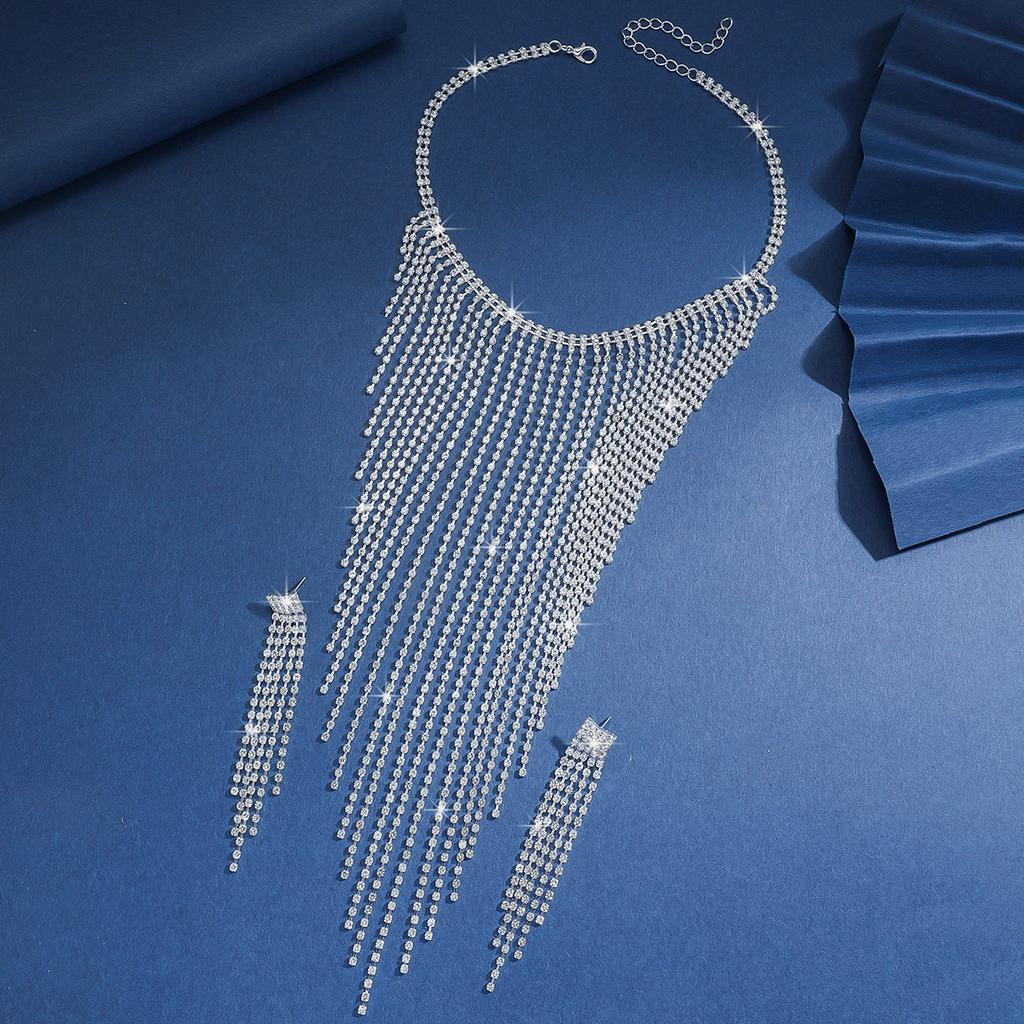 3PC Women's Fashion Copper Claw Chain Series Long Tassel Necklace Earrings Zircon Set Wedding Banquet Party Holiday Gift