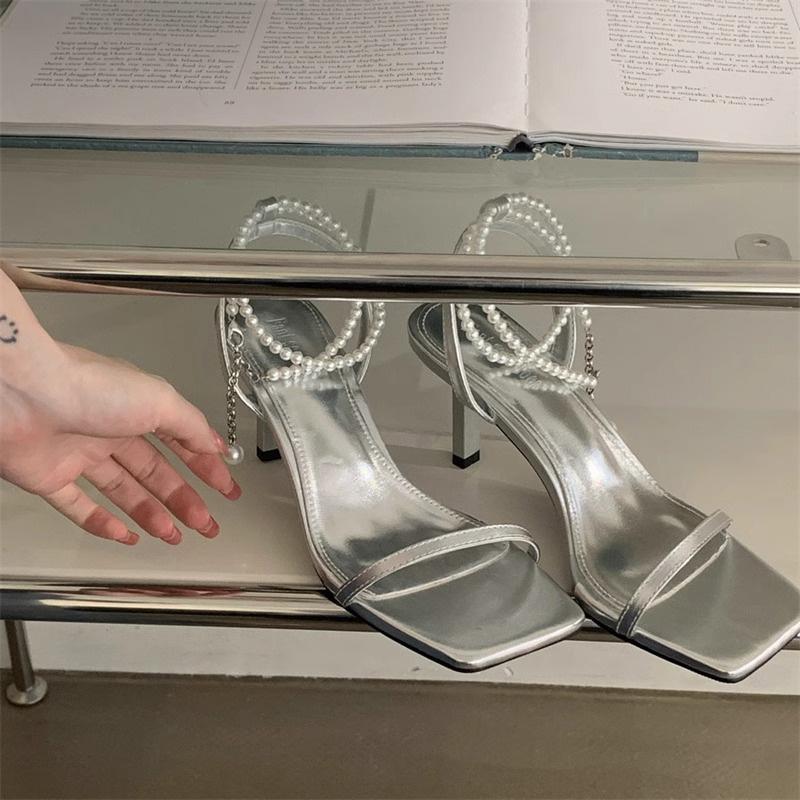 

Summer High Heel Women Sandals Fashion Pearl Ankle Strap Shoes Ladies Outdoor Party Dress Gladiator Sandalias 35 серебряный