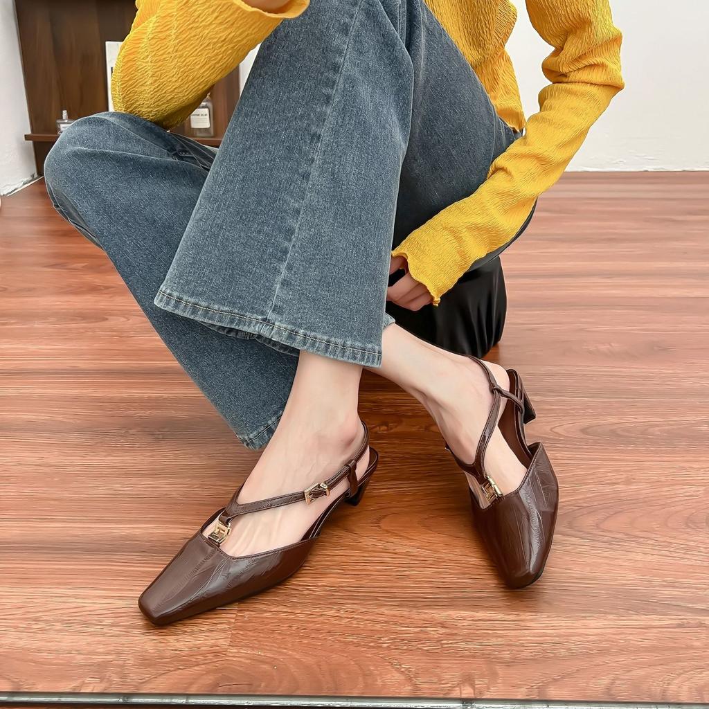 2025 summer new bag head cool slippers women's rear empty single shoes thick heel high sense French high heels are not tired