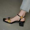 Ladies Shoes Open Toe Summer 2024 Square Heels Sandals for Women Office Work Medium Footwear One Word Daily Sale Designer F Shoe