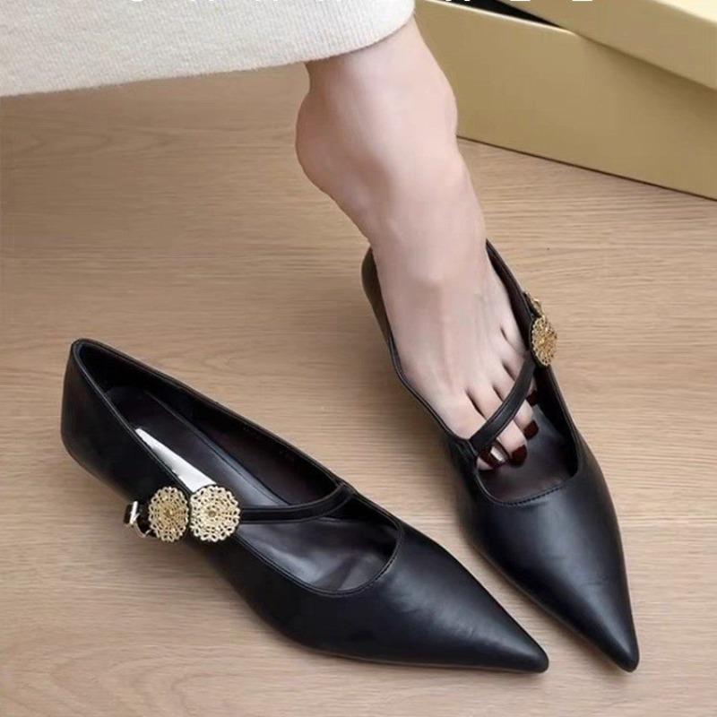 

Летние ретро туфли-лодочки с острым носком и металлической пряжкой, женские новые темпераментные офисные туфли Мэри Джейн на толстом каблуке, черные 40 чёрный