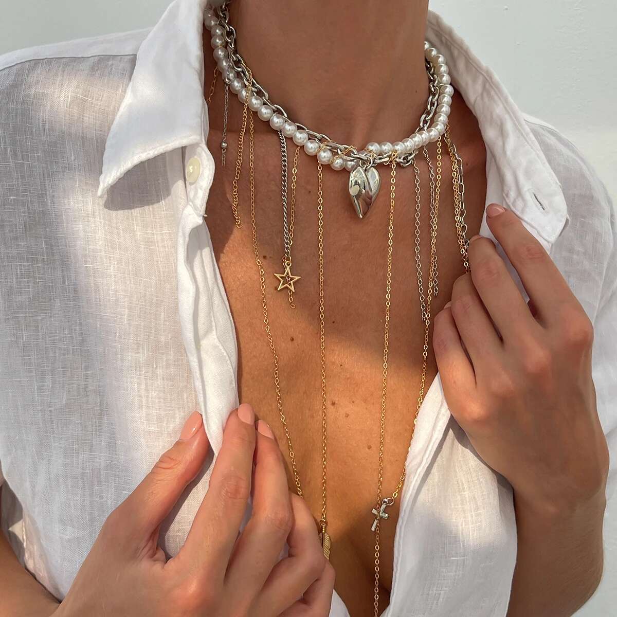 

PuRui Винтажное колье-чокер из имитации циркона для женщин, многослойное, с подвеской-кисточкой в виде сердца, звезды, Y2K циркониевые аксессуары