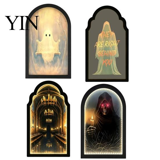 Mirror Light Up Ghost Mirror, Arched Wooden Frame Ghost/Grim Reaper Halloween Battery Operated Wall Art Soft Ambient Lighted Decorative for