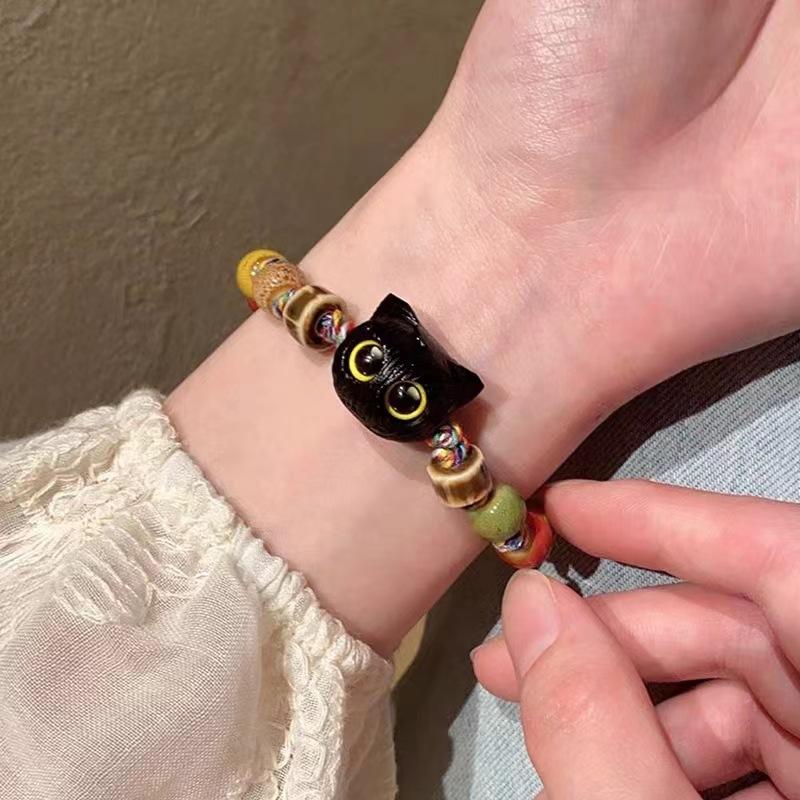 Colorful Cord Black Cat Bracelet Ceramic Beads New Fall Fashion Unisex Animal Jewelry
